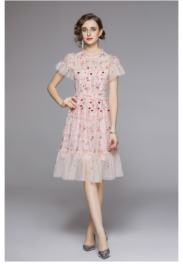Heavy Sequin Mesh Embroidery Floral Tucked Waist Shaggy Short Princess Dress