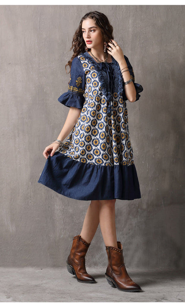 Summer Clothes New Splicing Large Size Mid-Skirt Vintage Printed Dress