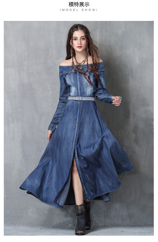 One-Line Neck Temperament Slim Belt Denim Long skirt 2023 Ancient Embroidery Long-Sleeved Autumn Dress