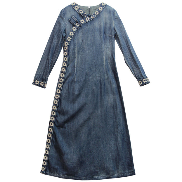 New Vintage Crewneck Denim Skirt Cheongsam Style Dress