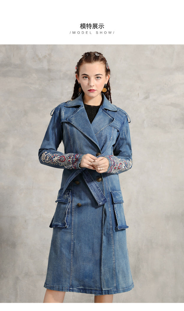 Embroidered Lapel Slim Women's Trench Coat Vintage Lapel Belt Fall Denim Coat