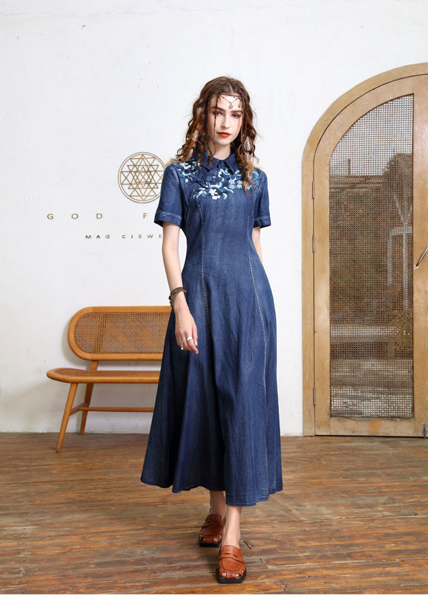 Slimming Embroidered Denim Long Skirt Retro Design Sense Improved Cheongsam Dress
