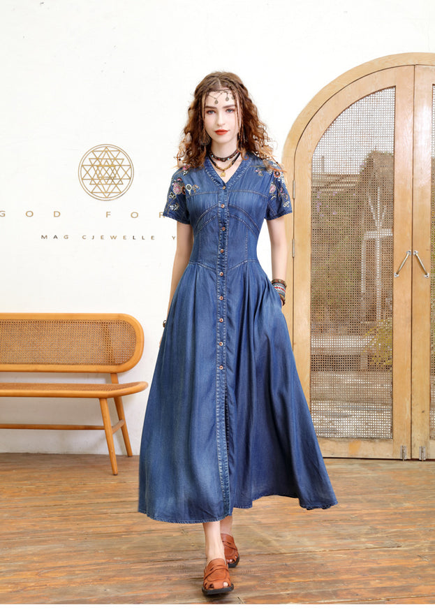 V-Neck Temperament Slimming Cardigan Dress 2023 Summer New Vintage Heavy Industry Embroidered Denim Long Skirt