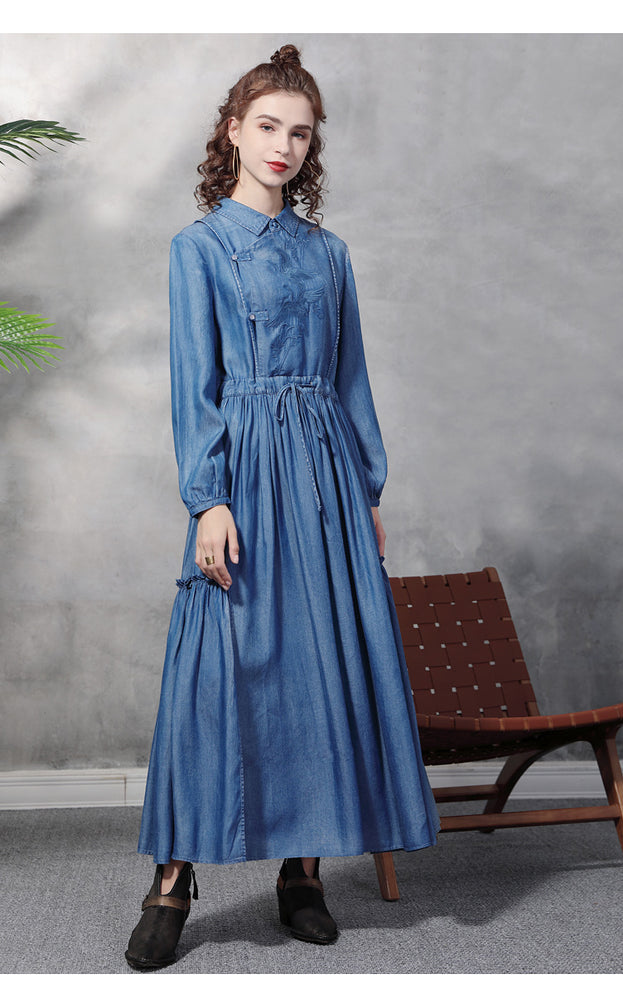 Long Sleeve Big Swing Embroidered Denim Dress