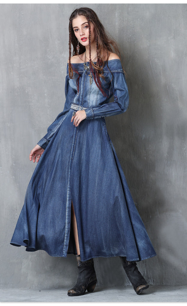 One-Line Neck Temperament Slim Belt Denim Long skirt 2023 Ancient Embroidery Long-Sleeved Autumn Dress