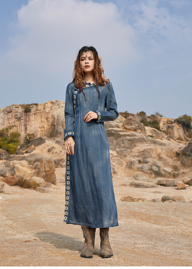 New Vintage Crewneck Denim Skirt Cheongsam Style Dress