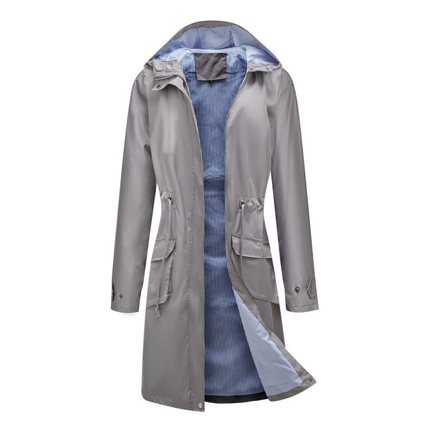 Long Casual Windbreaker Hooded Solid Color Top Striped Lining Straight Coat
