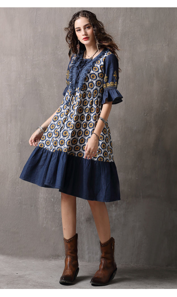 Summer Clothes New Splicing Large Size Mid-Skirt Vintage Printed Dress