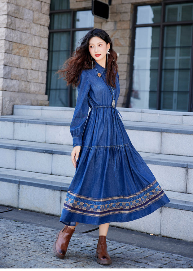 New Vintage Button Drawstring Waist Slimming Dress Heavy Industry Embroidery Denim Skirt