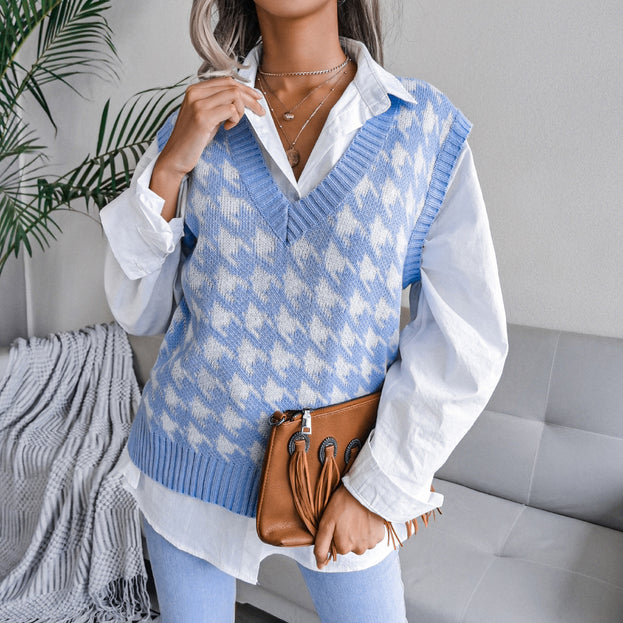 V-Neck Thousand Bird Plaid Casual Loose Knitted Vest Sweater Vest