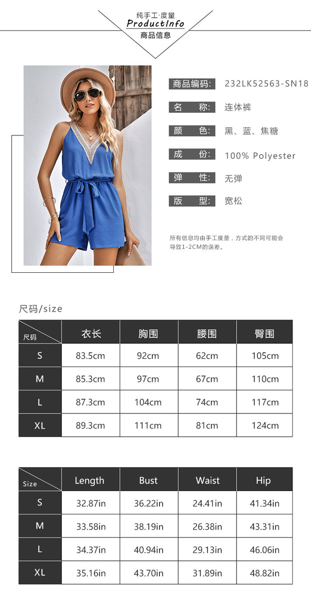 Women's Casual Lace V-Neck Solid Color Sleeveless Jumpsuit