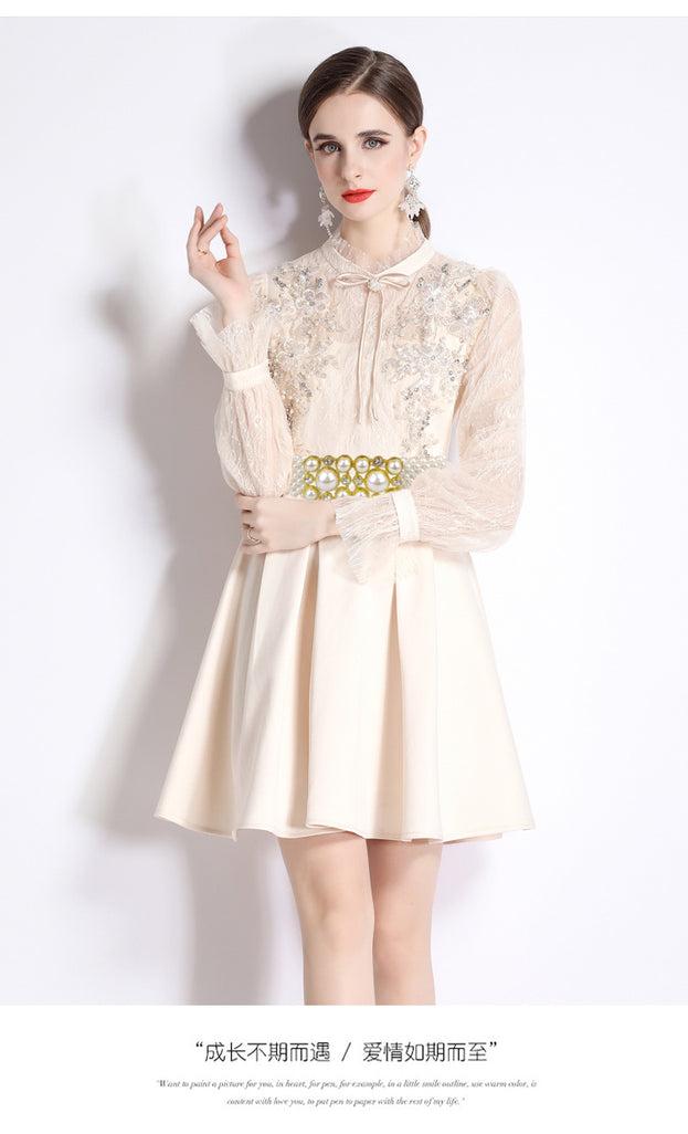 New Temperament Slimming Embroidery Heavy Industry Lace Long-Sleeved Beaded Dress