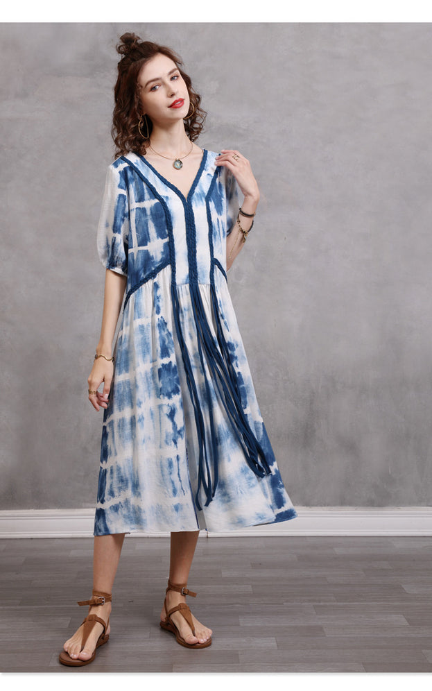 Loose Large Size Women's 2023 Summer New Braided Rope Tie-Dye MIDI Dress Elegant Cotton Hemp Dress