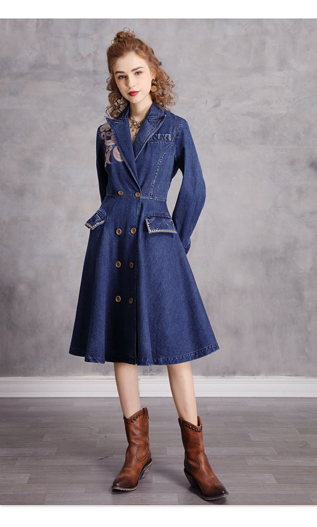 Vintage Embroidered Suit Collar Mid-Length Trench Coat