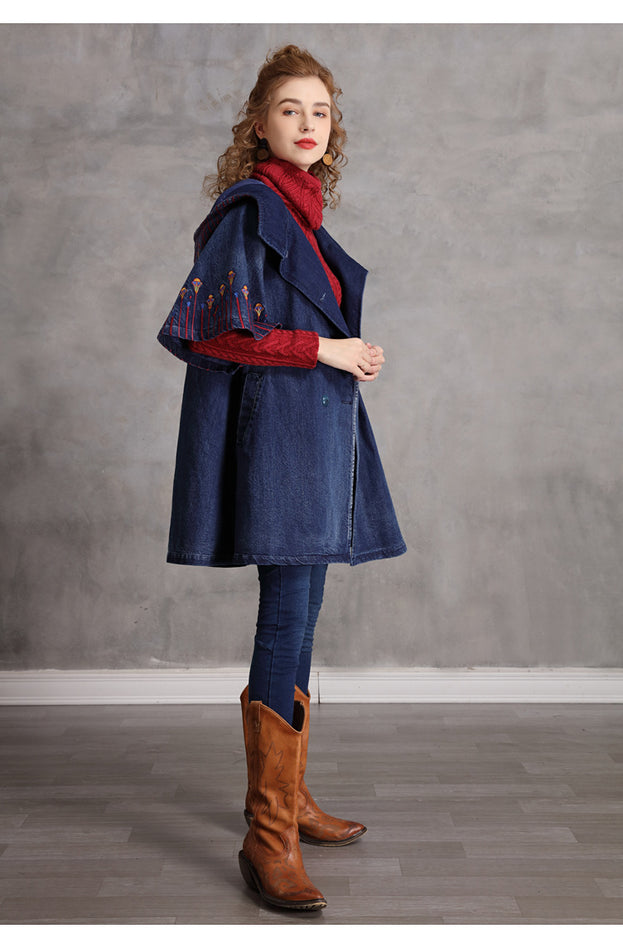 Embroidered Hooded Denim Coat Vintage Loose in a Stylish Doodle