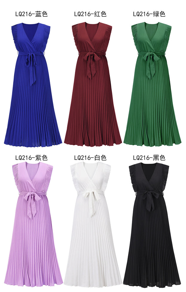 Fashion Slim Sexy Lotus Leaf Sleeve Chiffon Pleated Skirt Solid Color Dress