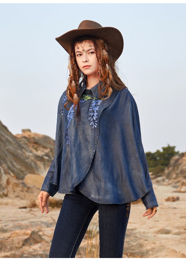 Vintage Heavy Industry Embroidery Loose Lapel Denim Top