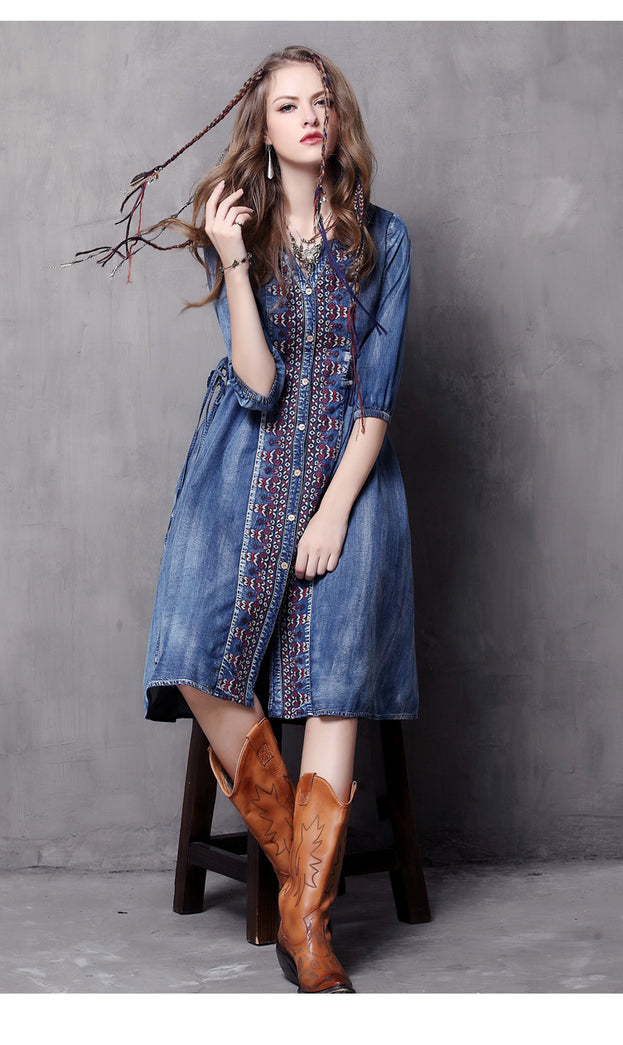 New Vintage Denim Embroidered Dress for 2023
