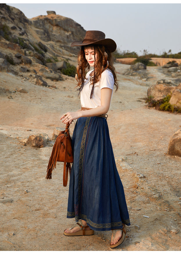 New Heavy Industry Embroidery Denim Long Skirt for Summer