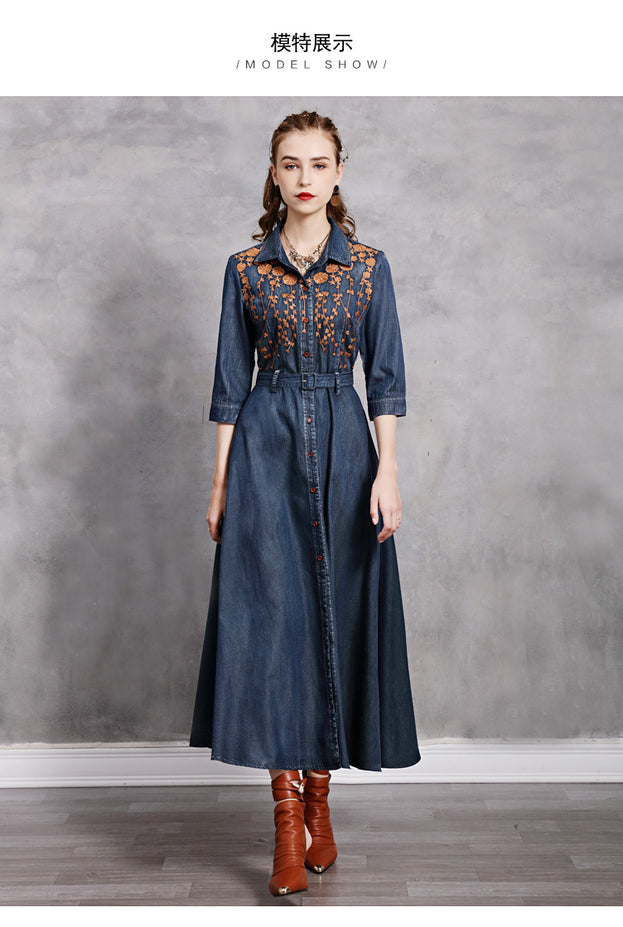 Lapel Temperament Slim Embroidered Denim Maxi Dress 2022 Vintage Mid-Sleeve New Slimming Dress