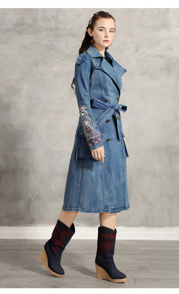 Embroidered Lapel Slim Women's Trench Coat Vintage Lapel Belt Fall Denim Coat