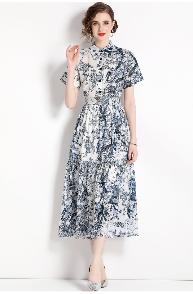 New Women's Slim Mid-Length Printed Short-Sleeved Shirt Dress