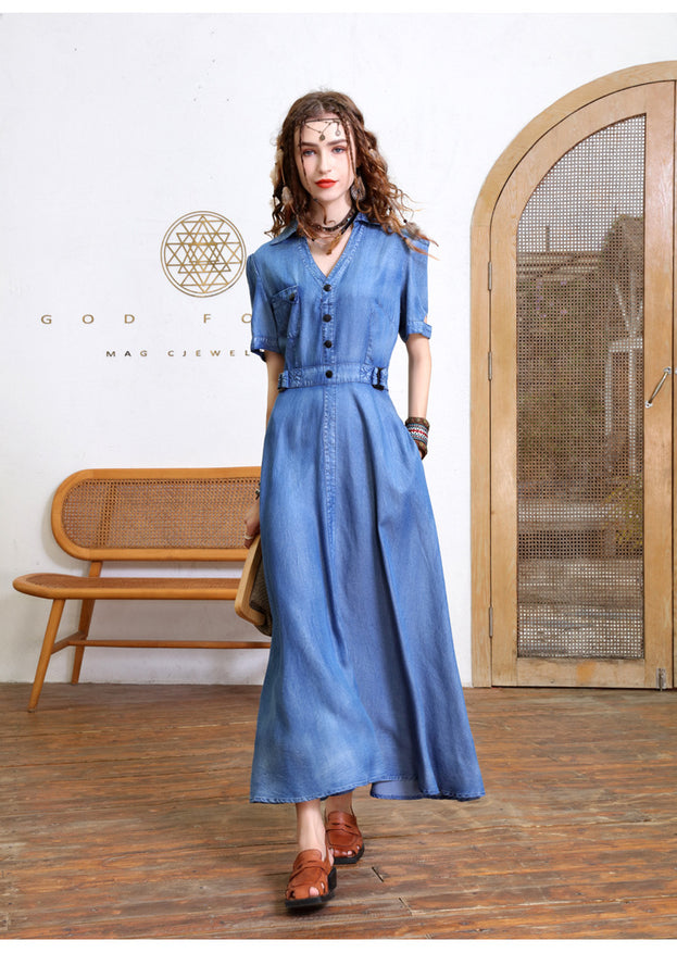 New Retro Waist Slimming Tensilk Jean Maxi French Temperament V-Neck Dress