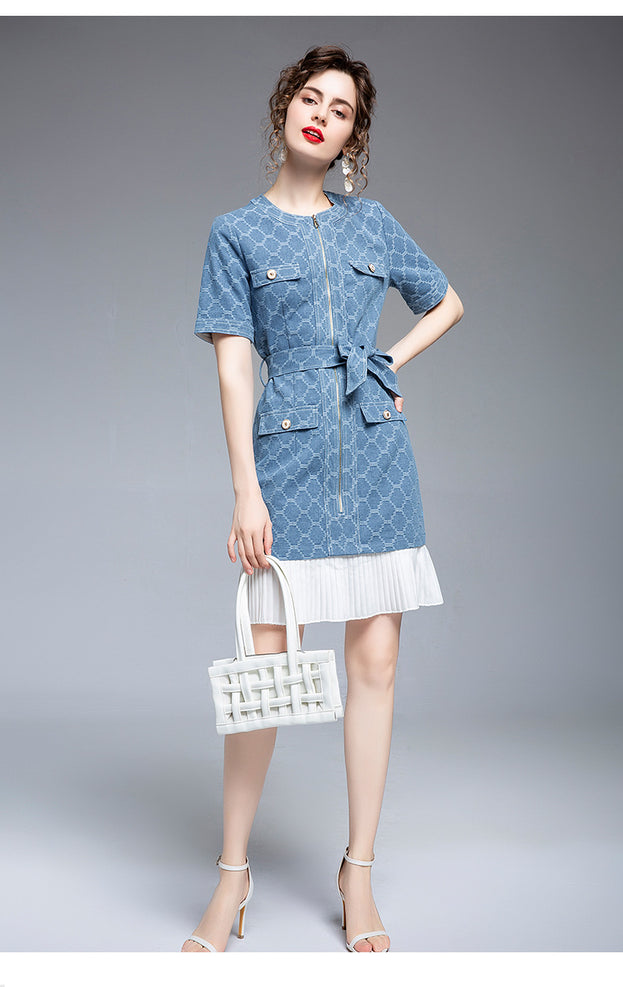 Pleated Lace-Up Waist Slimming Plaid Denim Skirt