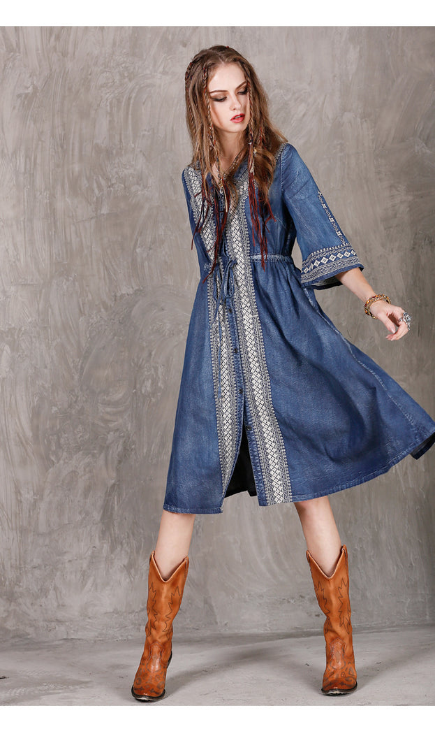 New Large Size Denim Skirt National Style Embroidery Drawstring Casual Dress