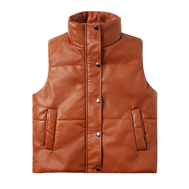 Women's Leather Vest Sleeveless Clip Cotton Zipper Cotton Suit Fashion Stand-Up Collar Coat