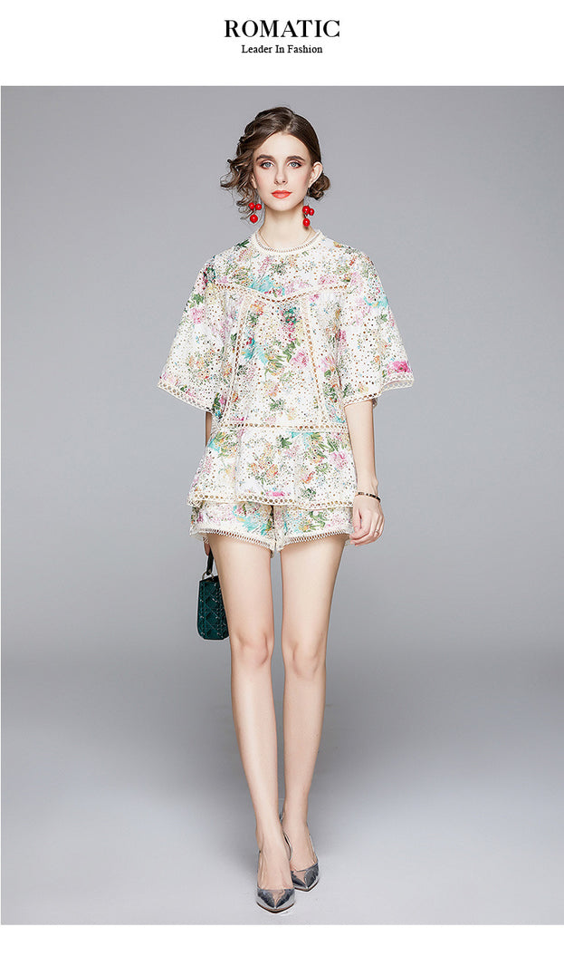 New Hollowed Out Embroidered Printed Top Shorts Loose Temperament Floral Two-Piece Set