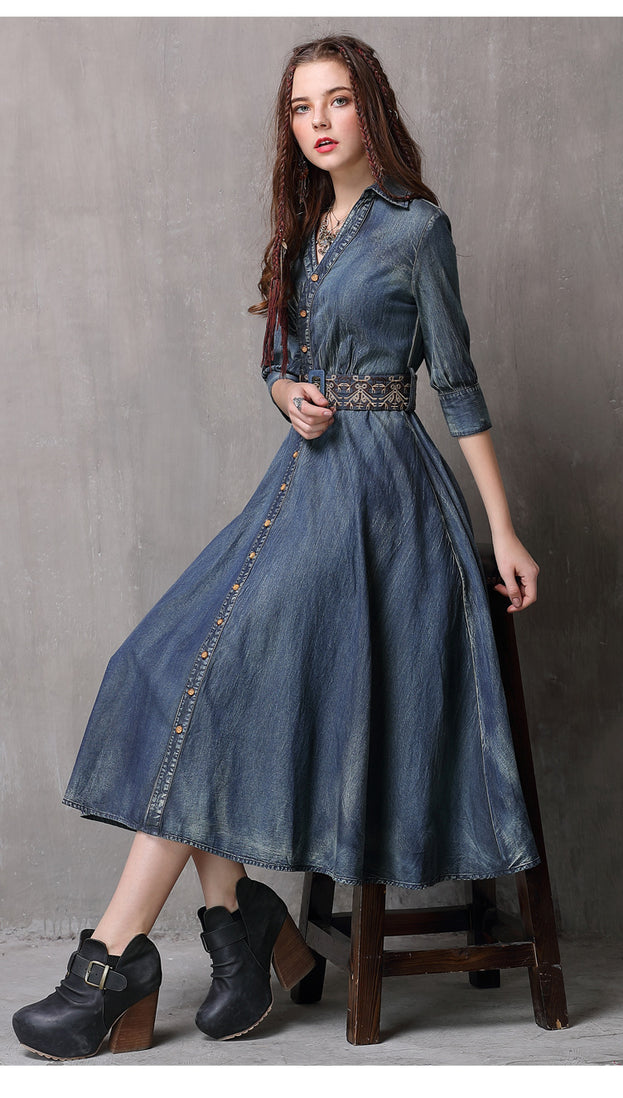 New Vintage Belt Embroidered Slimming Dress Irregular Draw Pleated Lapel Denim Skirt