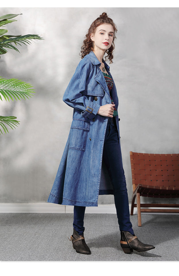 New Large Lapel Long Windbreaker Female Retro Loose Large Size Double-Breasted Denim Coat