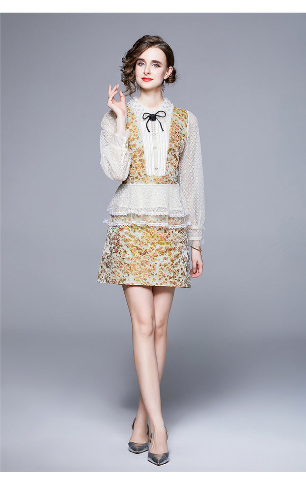 French Retro Palace Long-Sleeved Lace Top + A-Line Short Skirt Two-Piece Set