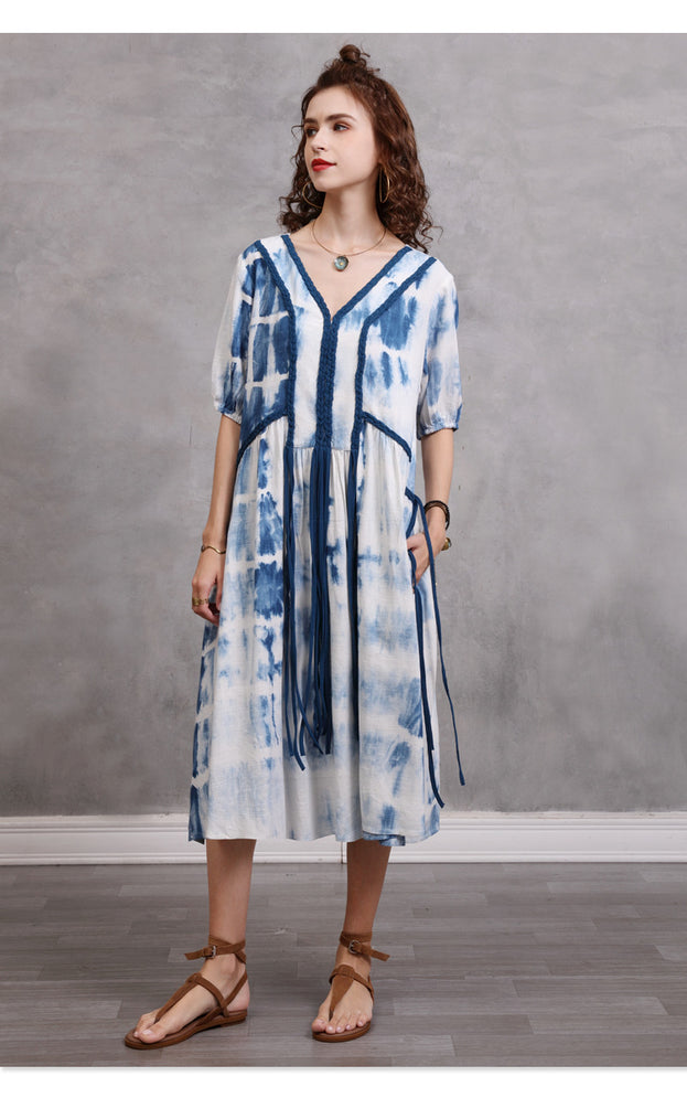 Loose Large Size Women's 2023 Summer New Braided Rope Tie-Dye MIDI Dress Elegant Cotton Hemp Dress