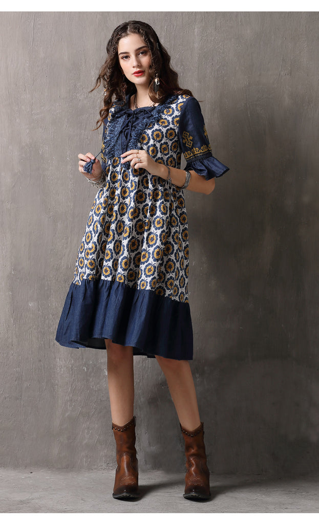 Summer Clothes New Splicing Large Size Mid-Skirt Vintage Printed Dress
