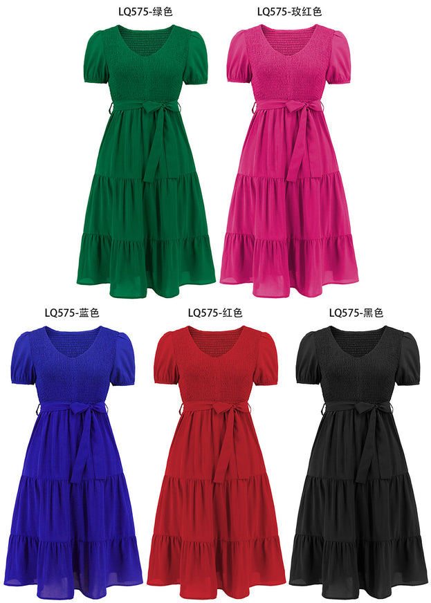 Summer Short Sleeved Slim Large Swing Splicing Cake Dress
