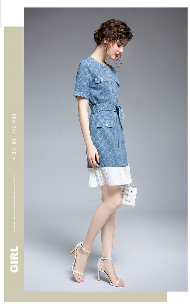 Pleated Lace-Up Waist Slimming Plaid Denim Skirt