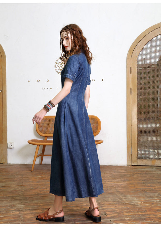 Slimming Embroidered Denim Long Skirt Retro Design Sense Improved Cheongsam Dress