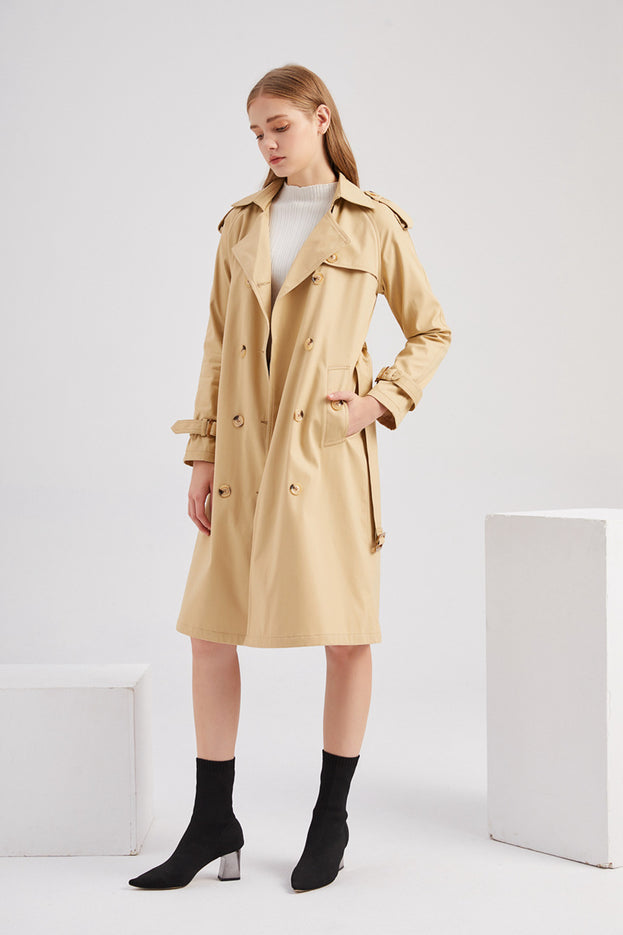 Long Waist Tucked Cotton Fashion Coat Long Sleeve Lapel Trench Coat