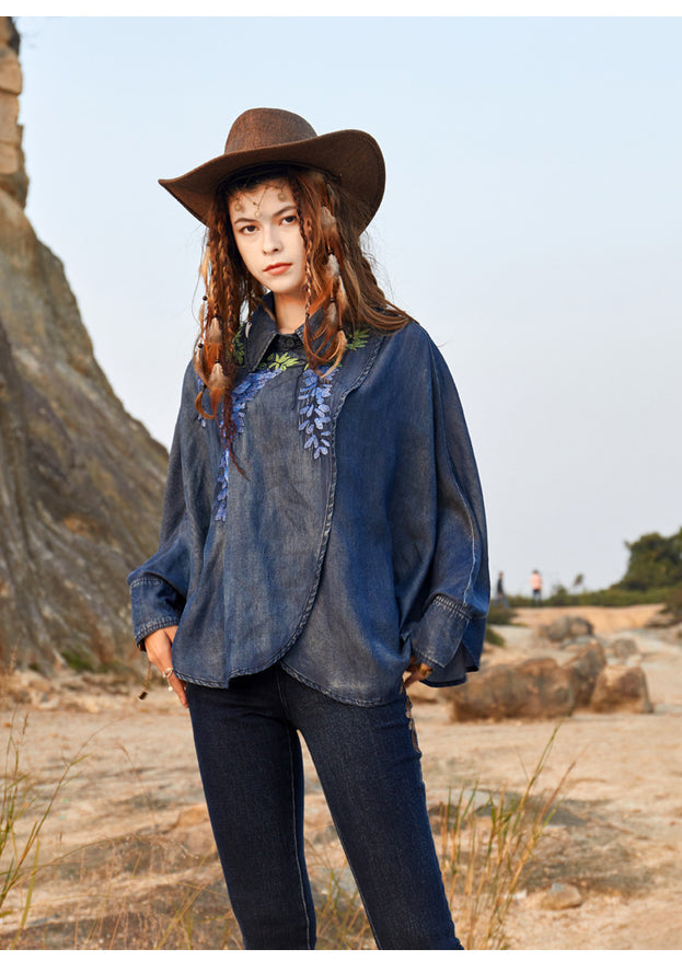 Vintage Heavy Industry Embroidery Loose Lapel Denim Top