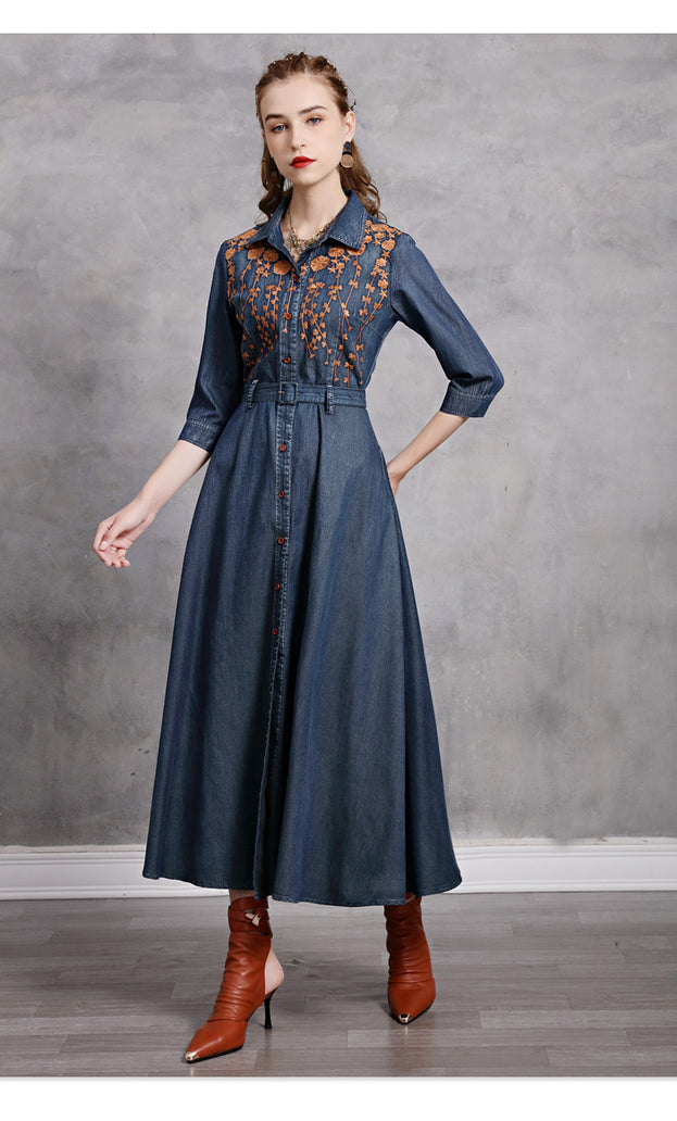 Lapel Temperament Slim Embroidered Denim Maxi Dress 2022 Vintage Mid-Sleeve New Slimming Dress