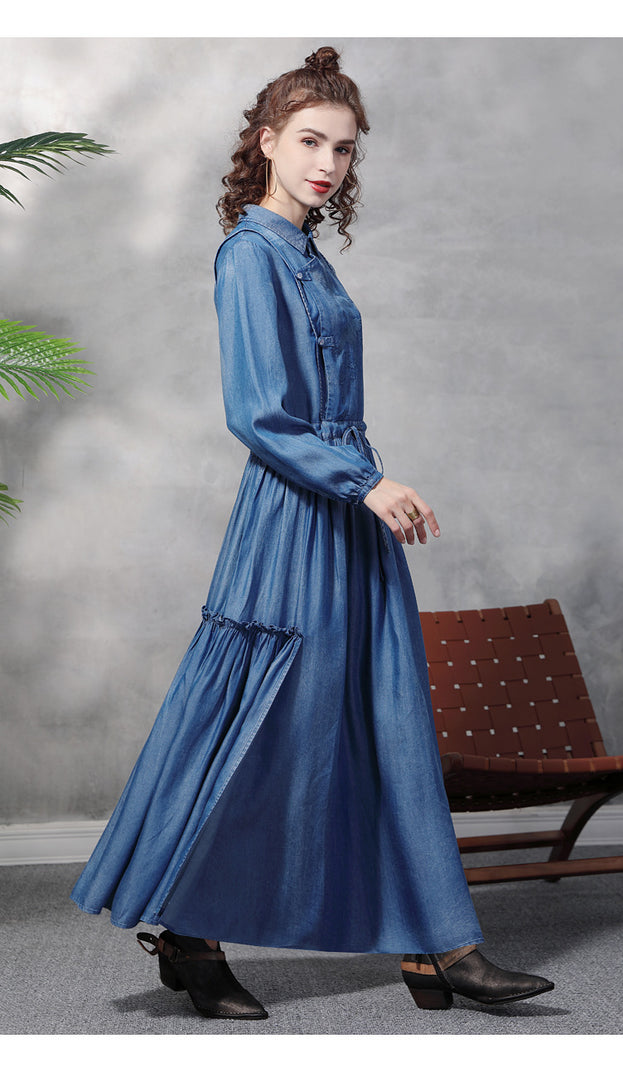 Long Sleeve Big Swing Embroidered Denim Dress