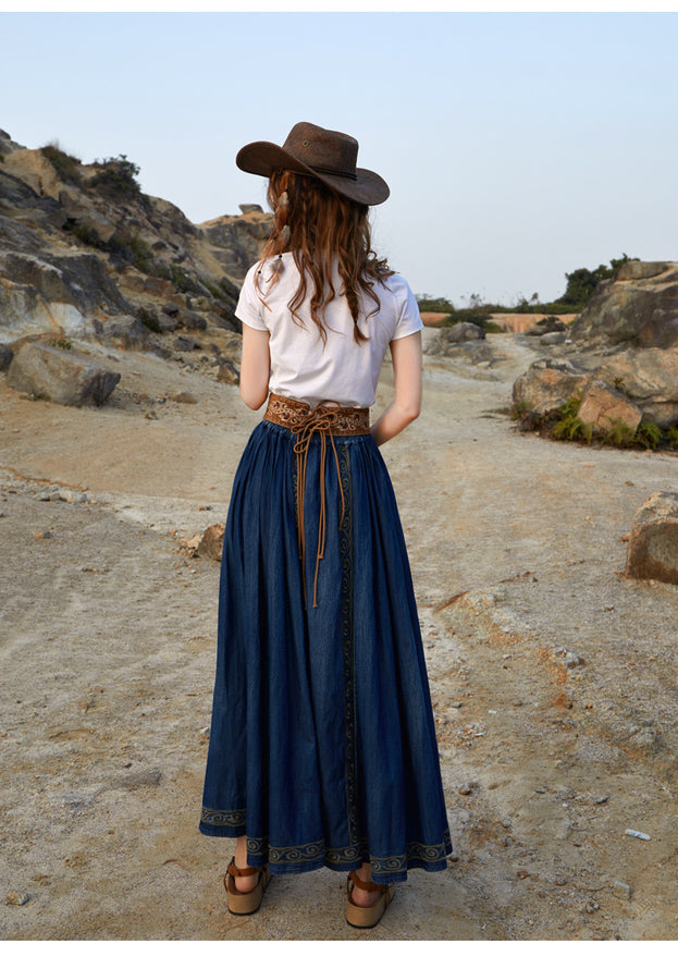 New Heavy Industry Embroidery Denim Long Skirt for Summer