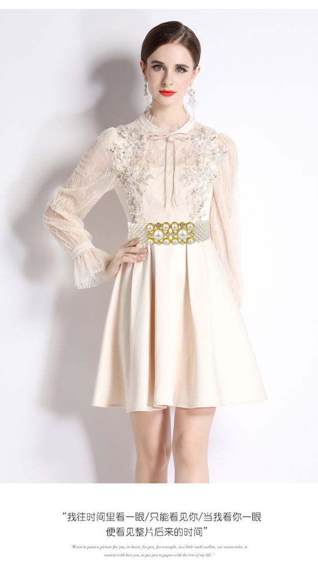 New Temperament Slimming Embroidery Heavy Industry Lace Long-Sleeved Beaded Dress