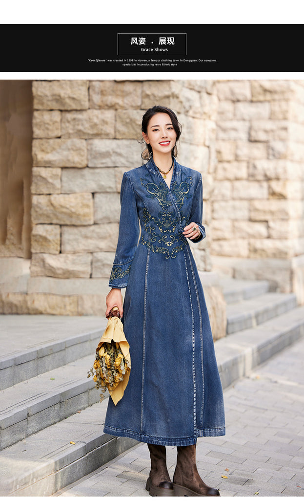 New Denim Maxi Embroidered Long-Sleeved Dress100% Cotton