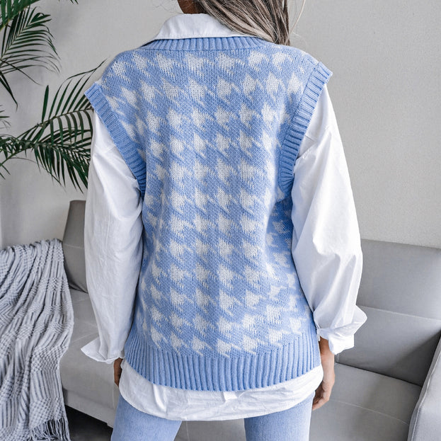 V-Neck Thousand Bird Plaid Casual Loose Knitted Vest Sweater Vest