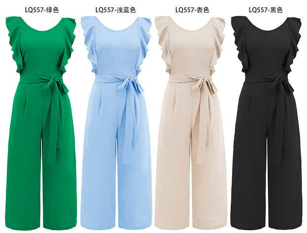 New Lotus Lace Sleeveless Lace-Up Jumpsuit Medium Length Straight Leg Pants