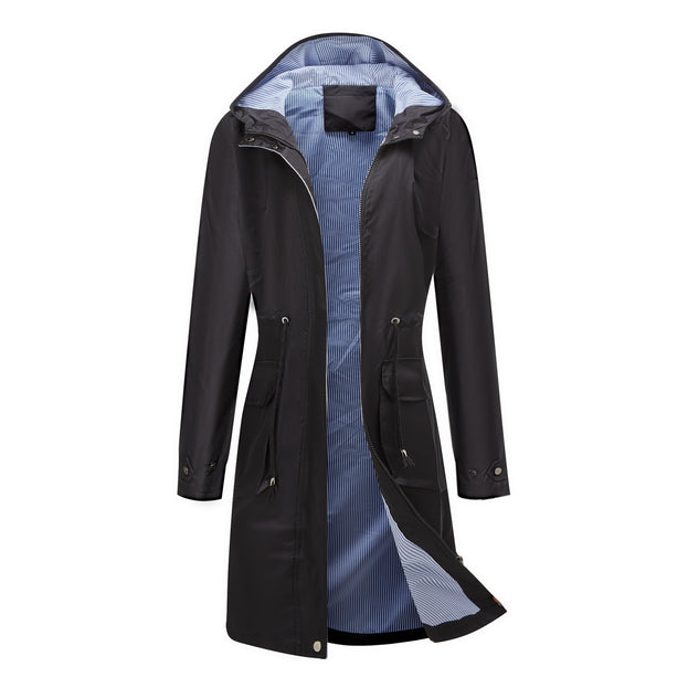 Long Casual Windbreaker Hooded Solid Color Top Striped Lining Straight Coat