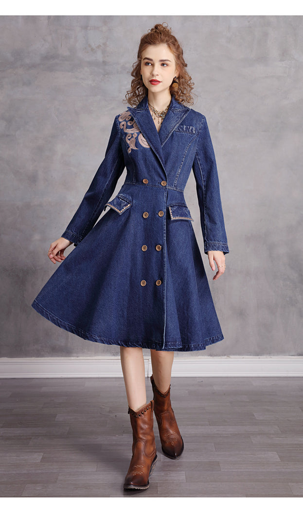 Vintage Embroidered Suit Collar Mid-Length Trench Coat